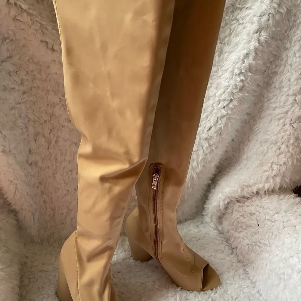 EGO over the knee tan stretchy boots with peep toe round 4”heels size7